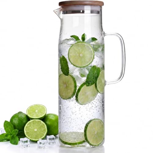 Glass Pitcher with Lid Glass Water Carafe with Handle, Fridge Water Jug Cold or Hot Beverages, Iced Tea, Milk, Juice 1500ml/51oz & - color: Brown-pitcher