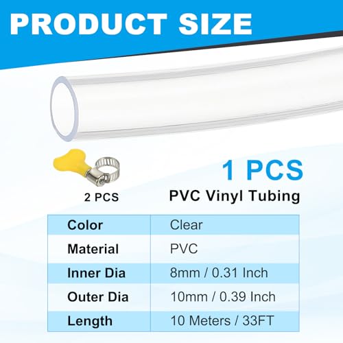 PATIKIL PVC Vinyl Tubing, 5/16"ID x 3/8"OD Flexible Clear Plastic Tube with 2 Hose Clamps, Hose Line Pipe for Multipurpose Industrial Vinyl Aquarium, 33FT - size: 5/16" ID 33FT