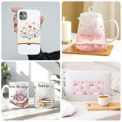UV DTF Cup Wraps Transfer Stickers Book and Flowers Pattern, 10 Sheets Waterproof Custom Vinyl Transfer Sticker 16oz Coffee Glass Cup Tumbler Bottle Mug Decals for Men Women - style: Book and Flowers