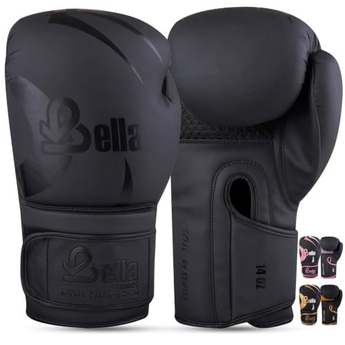 Bella Boxing Gloves - Pro Training & Sparring Gloves, Maya Hide Leather, Men Women Adult, Muay Thai MMA Kickboxing Workout, Heavy Punching Bag & Focus Mitts, Multi Layer Padding, Ventilated Palm - color: Black, size: 14oz