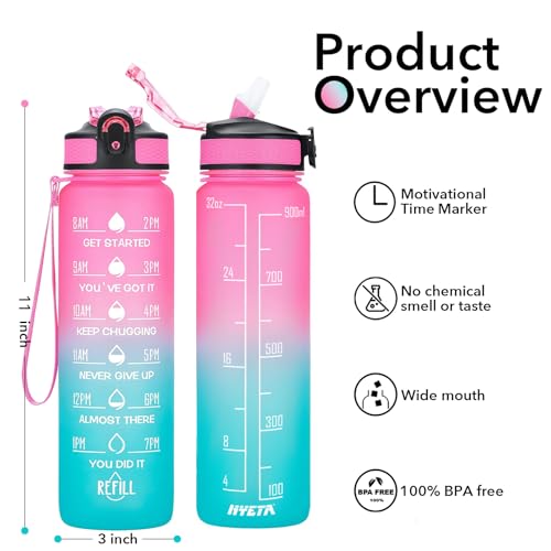 Hyeta Water Bottle with Straw & Time Marker, Plastic 32oz Leakproof - color: Pink-Green