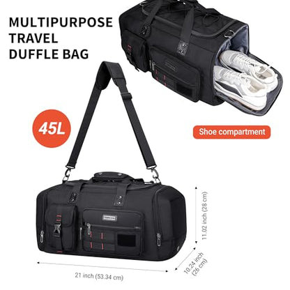 WITZMAN Duffle Bag for Men 3 in 1 Convertible 45L Nylon Gym Travel Backpack | Multi-pockets with Shoe Compartment and Dry-wet Pocket, One Duffel Bag for Sports, Weekender, Overnight, B693 Black - color: Black