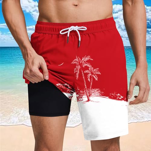 Men's Swim Trunks with Compression Liner Drawstring Bathing Suits Board Beach Shorts with Pockets - color: Red, size: Large