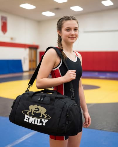 Personalized Wrestling Duffel Bag with Shoe Compartment – Custom Name Wrestling Gear Bag – Athlete Gym Bag for Boys & Girls – Team Travel Sports Duffel with Separate Shoe Pocket - color: Black, style: Wrestling