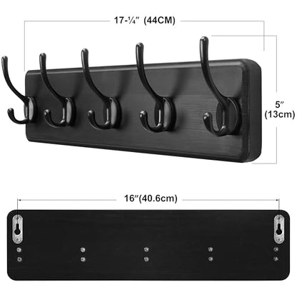 SKOLOO Rustic Coat Rack Wall Mount, 5 Hooks, 17 Inch, Solid Wood, Black - color: Black, size: 17 inch