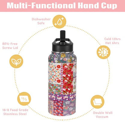 Pioneer Women Water Bottle with Straws Insulated Sports Bottle Boho Flower Travel Thermal Double Walled Vacuum Cup Leak Proof Stainless Steel Tumbler Mother's Day Gifts-32 oz - color: Red