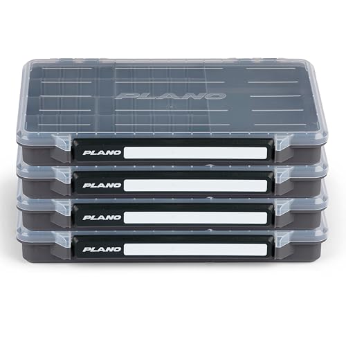 Plano StowAway 3700 50/50 Split Stow Tackle Box, 4-Pack, Corrosion-Preventive Rustricor, Single Latch Design, Transparent DuraView Lid, Stackable Storage for Fishing Bait, Lures and Gear - size: 3700 50/50 Split 4-Pack, style: New Model