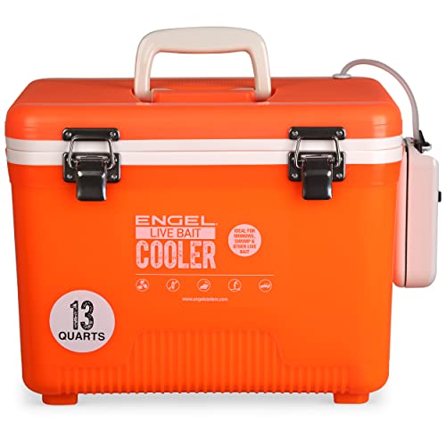 Engel Live Bait Cooler Box with 2nd Gen 2-Speed Aerator Pump - Portable Fishing Station & Minnow Bucket for Shrimp & Other Live Fish with Aerator - ENGLBC-N - color: Orange Hi-Vis, size: 13 Quart