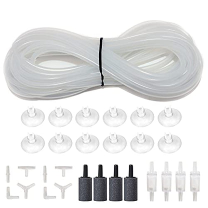25 Feet 3/16 Inch Standard Aquarium Silicone Airline Tubing with Air Stones, Check Valves, Suction Cups and Connectors for Fish Tank, Hydroponics (Semi-Transparent) - color: Semi-Transparent