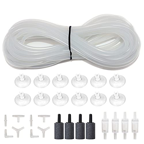 25 Feet 3/16 Inch Standard Aquarium Silicone Airline Tubing with Air Stones, Check Valves, Suction Cups and Connectors for Fish Tank, Hydroponics (Semi-Transparent) - color: Semi-Transparent