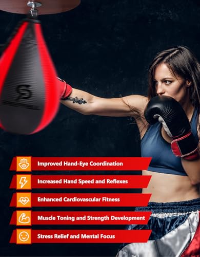 Speed Bag,Speed Bag for Boxing,PU Leather Reflex Training Pear Shaped Punching Bag,Fast Reaction Skills Development Perfect for Kids Teens Adults Boxing Coaches - color: Black & Red (10" x 7")