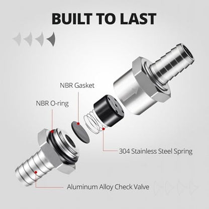 EVIL ENERGY 1/4" 5/16" 3/8" 1/2" Check Valve Set (6mm 8mm 10mm 12mm), 4 Pcs One Way Fuel Check Valve for Fuel, Diesel & Coolant, Silver