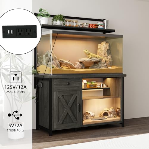 Reptile Tank Stand with Power Outlet, Terrarium Stand with Storage Cabinet, 49" X 20" Tabletop, Aquarium Stand with LED Lights, Reptile Terrarium,Turtle Tank (Gray) - color: Gray