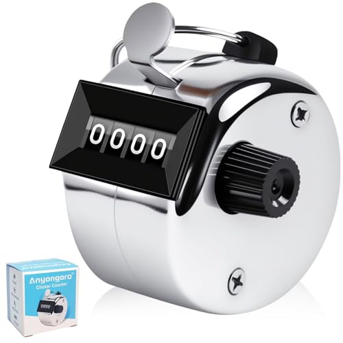Anyongora Clicker Counter, Metal Hand Tally Counter with 4 Digit Display | Silver pitch counter clicker for golf stroke, baseball, coaching, knitting, lap, row sport