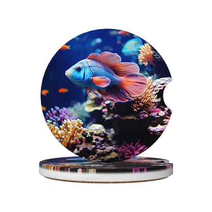 Coral Reef Fish Aquarium Ceramic Car Coasters 2 Pack 2.56 in, Absorbent Insert Cupholder Coaster Car Cup Holder Mat with Finger Notch Non-Slip Cork Base Reusable Drink Coasters
