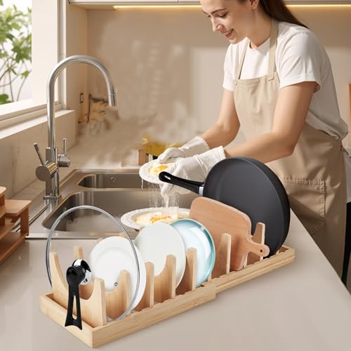 Bamboo Expandable Pots and Pans Organizer under Cabinet, Pot Lid Organizer Holder with 10 Adjustable Dividers, Cutting Board Holder, Baking Sheet Organizers for Kitchen Countertop