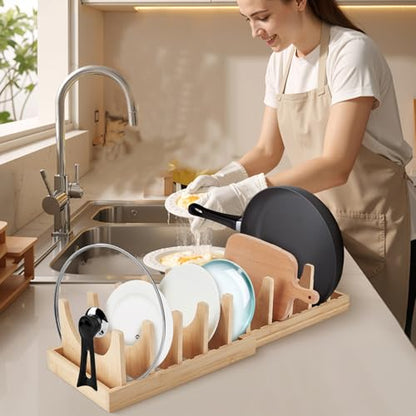 Bamboo Expandable Pots and Pans Organizer under Cabinet, Pot Lid Organizer Holder with 10 Adjustable Dividers, Cutting Board Holder, Baking Sheet Organizers for Kitchen Countertop