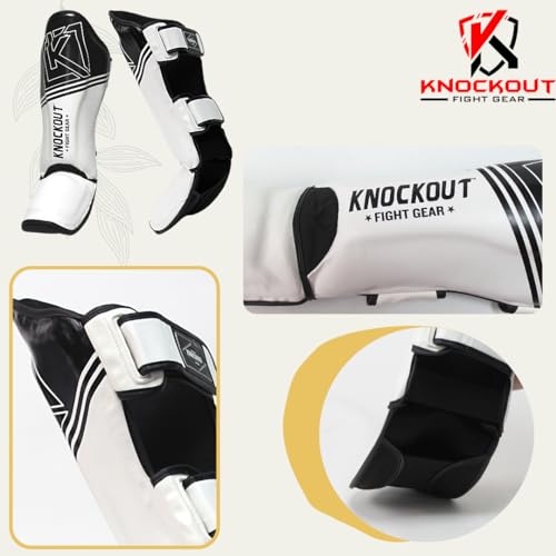 Muay Thai Shin Guards MMA Martial Arts -Padded, Adjustable Leg Guards with Instep Protection for Training and Sparring Gear Kickboxing Equipment – Durable, Professional - color: Black/White, size: Large-X-Large