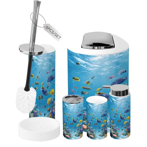 Bathroom Accessory Set 6 Piece Fish Snorkeling Sea Bahamas Underwater Hawaii Islands Aquarium Fishing Trash can, Toothbrush Holder, Toothbrush Cup, Soap Dispenser, Soap Dish, Toilet Brush Holder - color: Color1