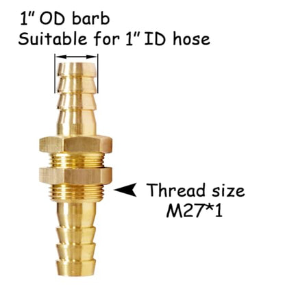 2PCS Brass Straight Bulkhead Fitting 1"OD Thru-Bulk Coupling Tank Connector Hose Pipe Barb Fittings for Water/Oil/Gas