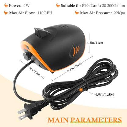 4W 110GPH Powerful Aquarium Air Pump, Quiet 2-outlets Aquarium Aerator, Adjustable Fish Tank Air Pump with Accessories, for 20-200 Gallon Tank, with ON/Off Button