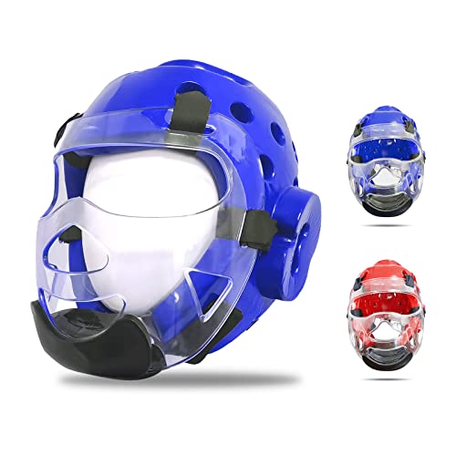 Kids & Adults Taekwondo Karate Headgear MMA Martial Arts Helmet, with Removable Face Shield, Soft Head Gear for Martial Art Grappling Muay Thai Kickboxing Taekwondo - color: Blue, size: X-Large