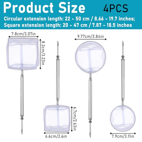 4 PCS Fish Tank Shrimp Net Extendable Handle, Aquarium Stainless Steel Small Fishing Net with Adjustable Handle Fishtank Nets Small Nets for ShrimpFish Circle Square Brine ShrimpNet for Aquarium