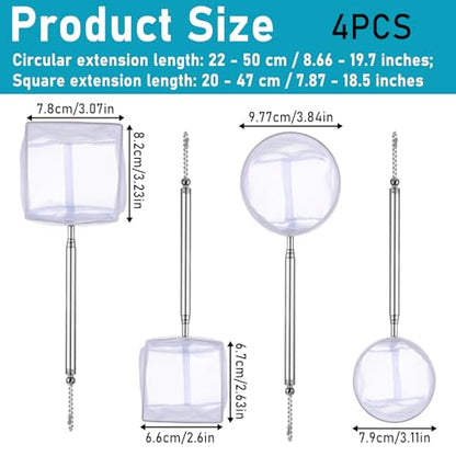 4 PCS Fish Tank Shrimp Net Extendable Handle, Aquarium Stainless Steel Small Fishing Net with Adjustable Handle Fishtank Nets Small Nets for ShrimpFish Circle Square Brine ShrimpNet for Aquarium