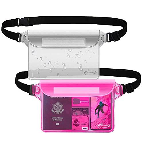 AiRunTech Waterproof Pouch with Waist Strap (2 Pack) | Beach Accessories Best Way to Keep Your Phone and Valuables Safe and Dry | Perfect for Boating Swimming Snorkeling Kayaking Beach Pool Water Park - color: Clear + Pink