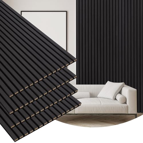 4 Pack Wood Finish Accent Wall Panels, 3D Slat Acoustic Paneling for Recording Studio, Office, Living Room Interior Decoration (Matte Black, 48"L x 24"W) - color: Matte Black, size: 4pcs - 48"L x 24"W