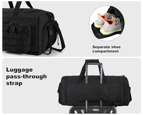 LHI 50L Tactical Duffle Bag for Men, 3-in-1 Gym Duffle and Backpack, Shoe Compartment, Laptop Sleeve and MOLLE, Carry-On Travel Weekender and Overnight Bag – Black - color: Black