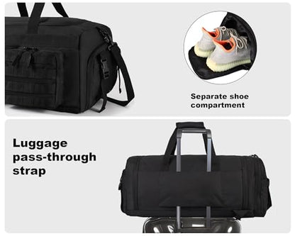 LHI 50L Tactical Duffle Bag for Men, 3-in-1 Gym Duffle and Backpack, Shoe Compartment, Laptop Sleeve and MOLLE, Carry-On Travel Weekender and Overnight Bag – Black - color: Black