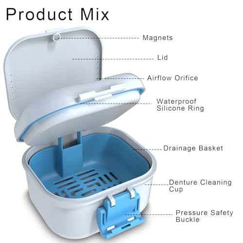 BVN Denture Case with Strainer, Leak Proof Denture Soaking Box | Portable Dental Cup with Storage Compartment, Magnetic Lid & Ventilation Design for Dentures, Retainers and Braces - color: White+blue
