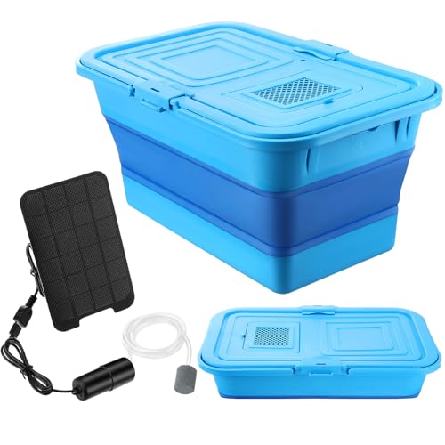 Live Bait Bucket with Solar Aerator, 20l Foldable Fishing Bucket, Portable Quiet Oxygen Pump, Collapsible Minnow Tank for Outdoor Fishing