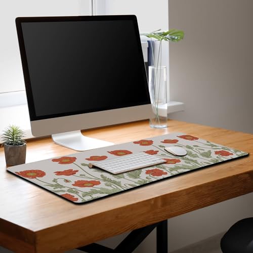 Gaming Mouse Pad Red Work Desk Mat, Large Mouse Pads Computer Deskmat, The Desk Mat Non-Slip Rubber Base Waterproof with Stitched Edges, 35.4" X 15.7" for Work/Game/Office/Home Poppies Flower - color: Red Poppies Flower
