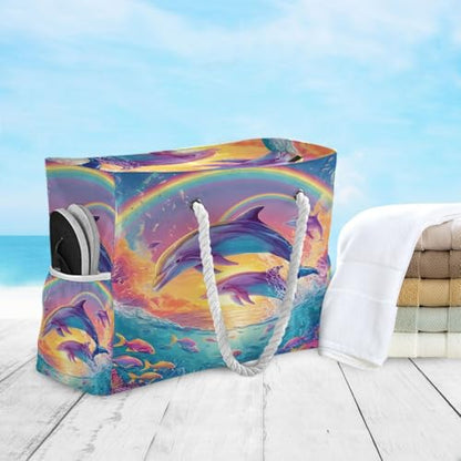 senya Large Beach Bags Totes Canvas Tote Shoulder Bag Soft Wave Water Resistant Bags for Gym Travel Daily Ocean - color: Dolphin Ocean Rainbow