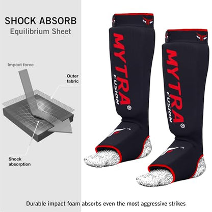 Mytra Fusion Shin Pads Instep Protector Kick Boxing Muay Thai Training Elasticated shin Guards - color: Black, size: Large-X-Large