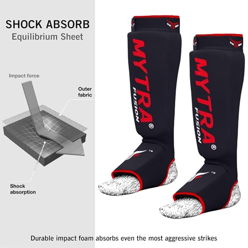 Mytra Fusion Shin Pads Instep Protector Kick Boxing Muay Thai Training Elasticated shin Guards - color: Black, size: Large-X-Large
