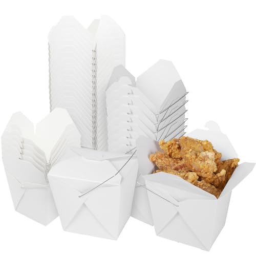 50 Pack 32oz Chinese Take Out Food Boxes with Metal Wire Handle & Labels, Party Favor Boxes Paper Take Out Food Containers For Hot Or Cold Food