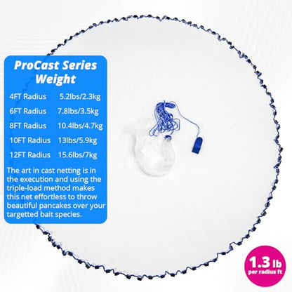 1.3 lbs/ft Fishing Cast Net with Eco-Friendly Lead Weights, 3/8inch Mesh Size, Throw Nets for Freshwater & Saltwater, 4/6/8/10/12 Ft Radius Casting Net - ProCast Series - size: 10 ft radius