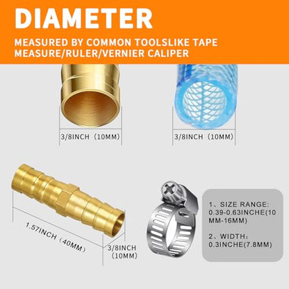 3/8" Hose Barb Fitting Kit, 3-Pack Brass Straight Connector for Fuel Line, Air, Water, Oil, Gas, Pressure Washer, Soaker & Hydraulic Hoses Repair - Includes Stainless Steel Clamps (2-way-I) - style: 2-way-I