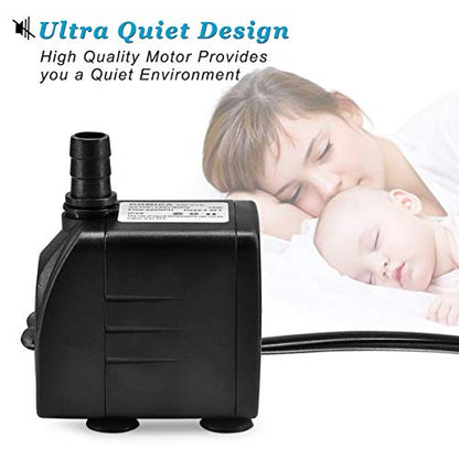 220GPH Ultra Quiet Fountain Pump (15W 800L/H), Small Submersible Pump for Pond, Water Feature, Aquariums, Fish Tanks, Hydroponics, Indoor or Outdoor Fountain (AC Powered)