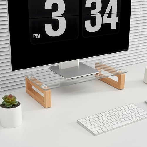 Multi-Purpose Desktop Stand, Clear Floating Computer Monitor Riser with Natural Wood Base, Desk Organization Shelf for Printer, Laptop, Audio Device, Flat Screen - color: Beech&Clear