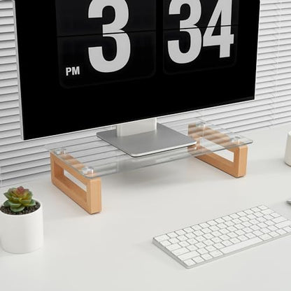 Multi-Purpose Desktop Stand, Clear Floating Computer Monitor Riser with Natural Wood Base, Desk Organization Shelf for Printer, Laptop, Audio Device, Flat Screen - color: Beech&Clear