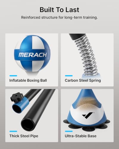 MERACH Punching Bag with Stand, 8 Suction Cups 53-62 Height Adjustable | Stress Relief, Sand Filled Base, Carbon Steel Spring, Fast Rebound, Easy Assembly, Home Gym Boxing Equipment (Blue & White)