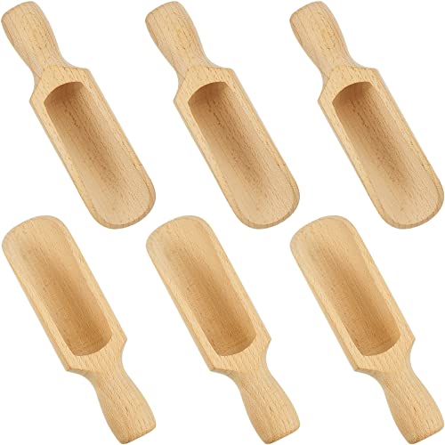 6 Pcs Wooden Scoop 5.5 Inches Beech Wood With Handle - Multipurpose Bath Container for Flour, Tea, Coffee, Seasoning, Cereal, Pepper and More