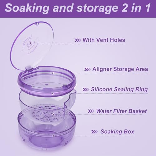 Retainer Cleaner Case,Double Layer Denture Cup for Soaking - color: Purple