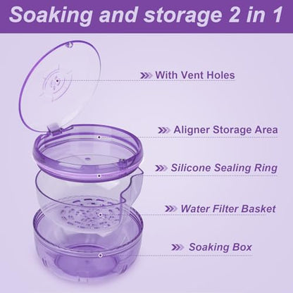 Retainer Cleaner Case,Double Layer Denture Cup for Soaking - color: Purple