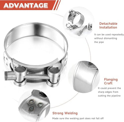AKIHISA T-Bolt Hose Clamp,64-67mm OD Range 304 Stainless Steel Pipe Strap Clamp, Adjustable Heavy Duty Tube Clamp (4Pack, 2.52"" to 2.64"") - size: 64-67mm