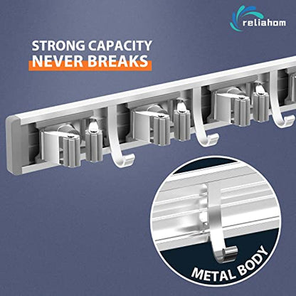 reliahom Broom Holder Wall Mount Mop Hanger Tools organizer 5Racks4Hooks,2P | Adjustable Mop Broom Wall Hanging Heavy Duty Tools Storage Rack Space-saving for Garage,Kitchen,Laundry Room,Garden, Silver - color: Silver